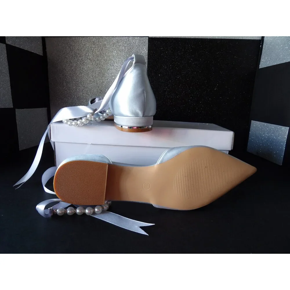 Bridal Satin Pearl Strap Flats - Light Blue (Size US Women's 8.5)